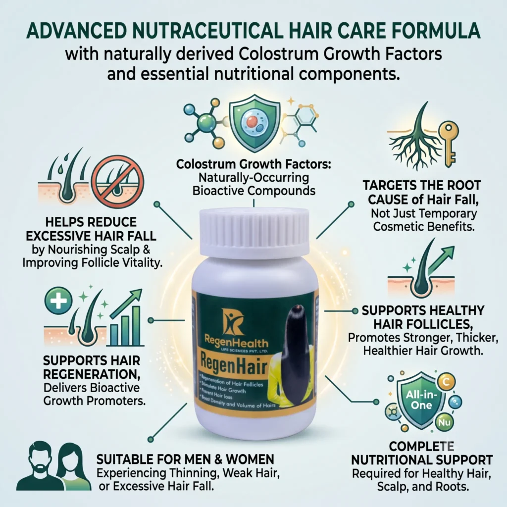 Advanced nutraceutical hair care formula featuring RegenHair supplement bottle and hair growth benefits.